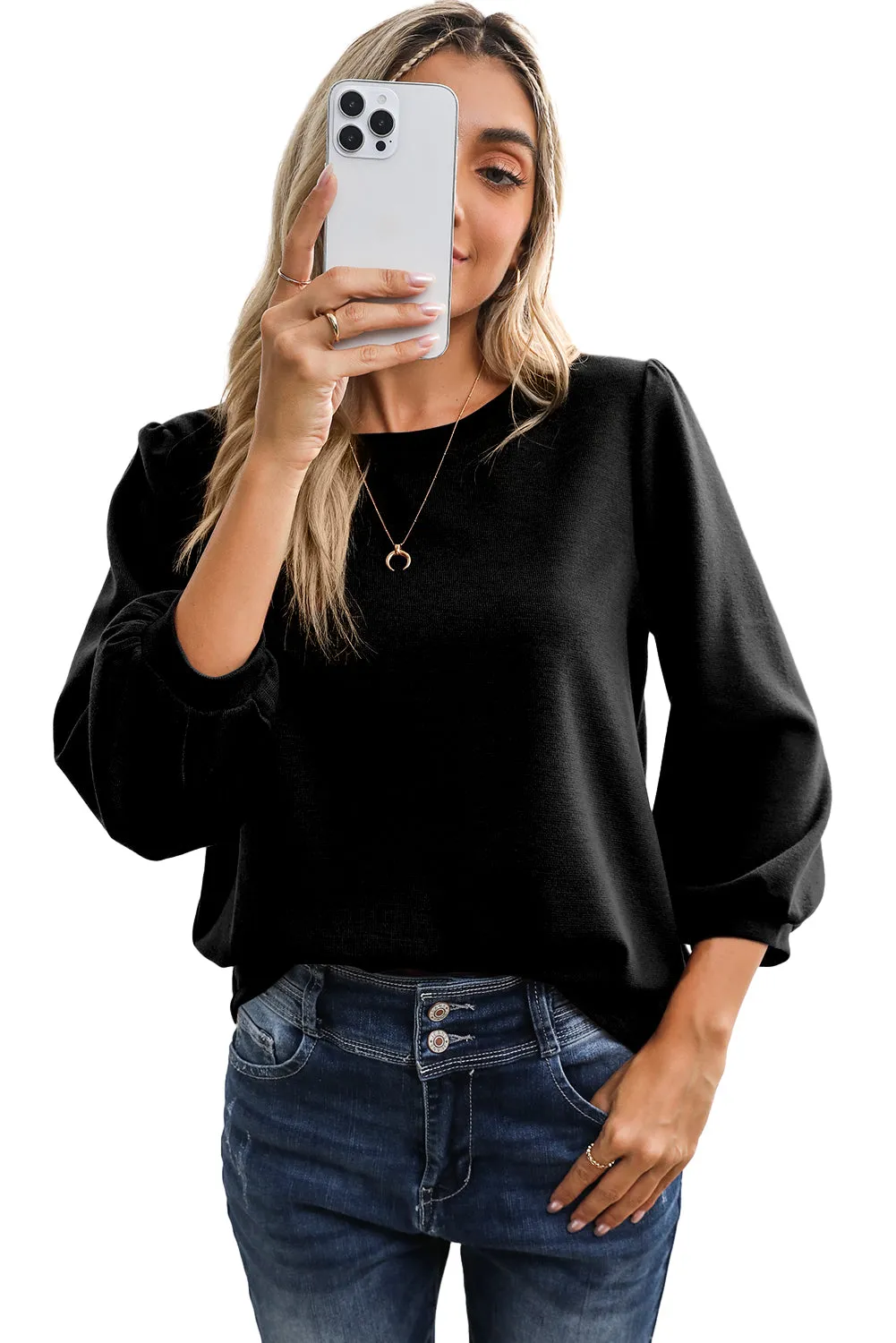 Black Plain 3/4 Puff Sleeve Round Neck Top