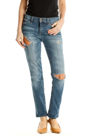 Blue Distressed Straight Leg Jeans