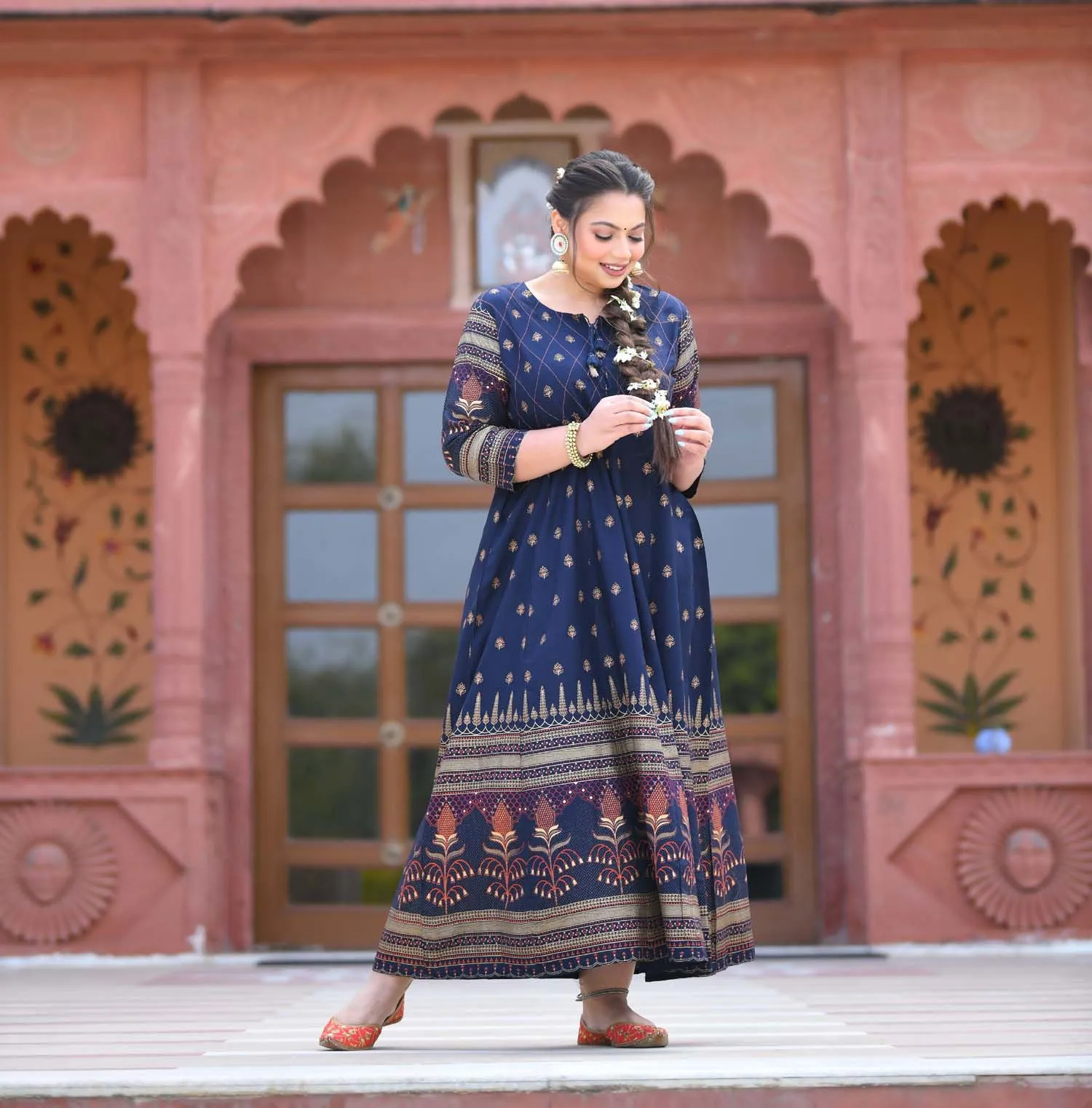 Blue Gold Printed Embellishment Ethnic Gown (pack of 1)