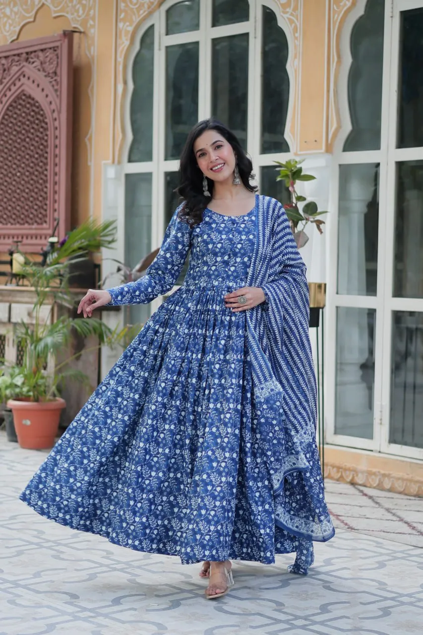 Blue Pure Cotton Fancy Round Neck Anarkali Suit