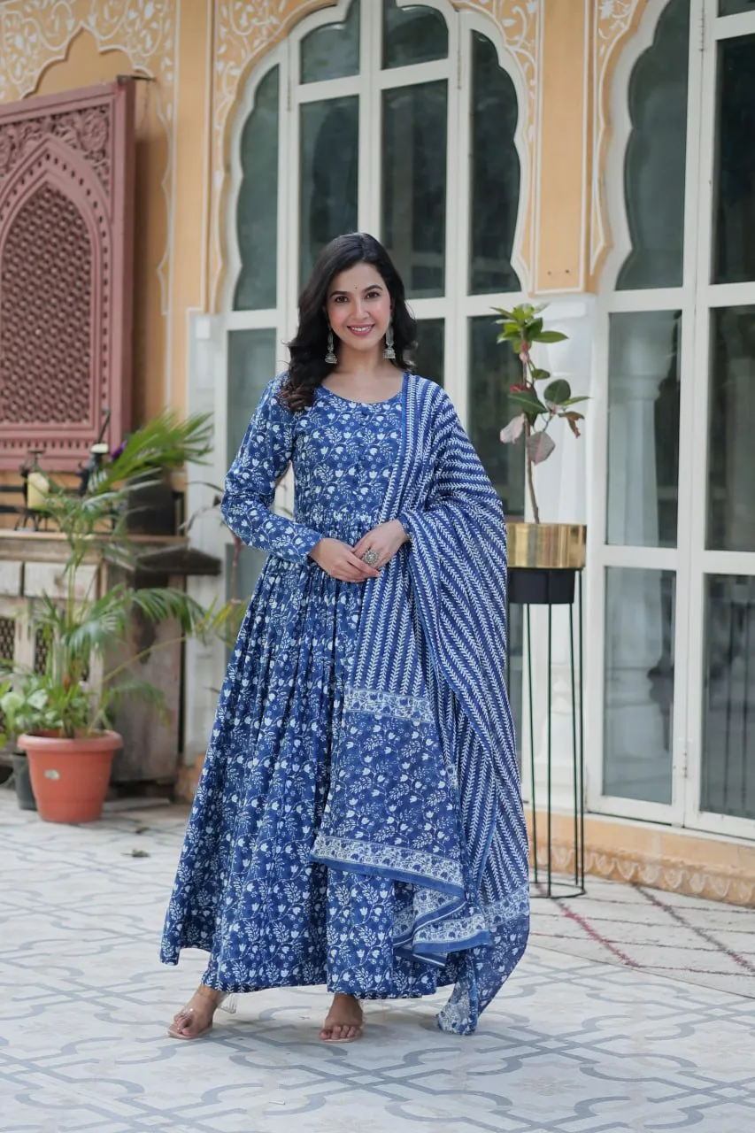 Blue Pure Cotton Fancy Round Neck Anarkali Suit