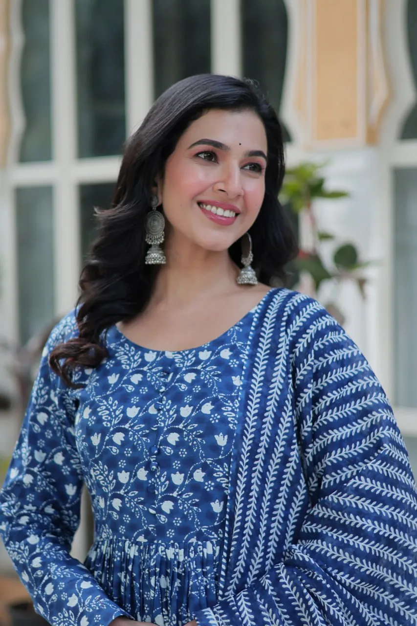 Blue Pure Cotton Fancy Round Neck Anarkali Suit