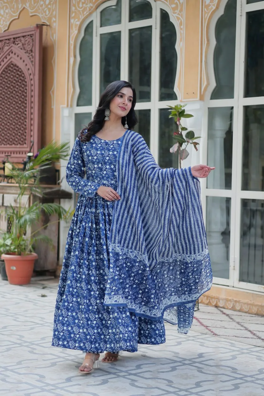 Blue Pure Cotton Fancy Round Neck Anarkali Suit