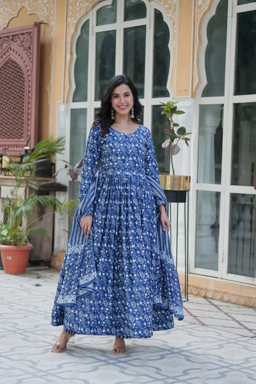 Blue Pure Cotton Fancy Round Neck Anarkali Suit
