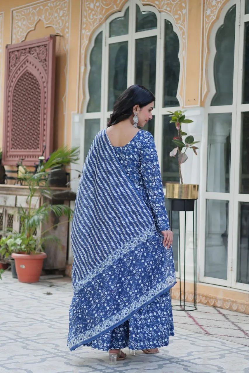 Blue Pure Cotton Fancy Round Neck Anarkali Suit