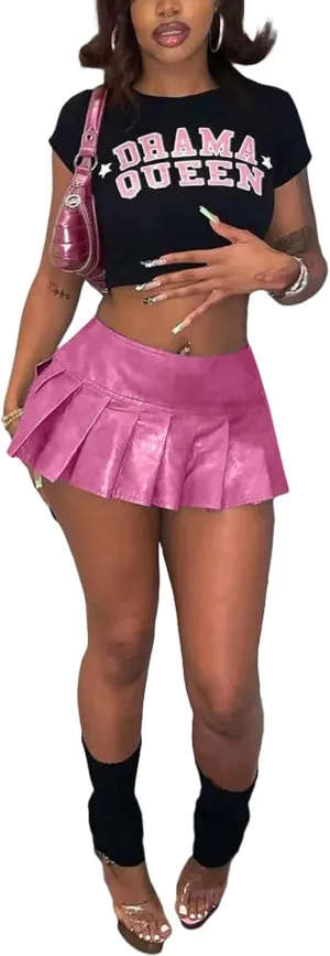 Bluewolfsea Women Sexy Pu Leather Pleated Short Skirt High Wiast Y2K Stretchy Cute Mini Skirt Clubwear