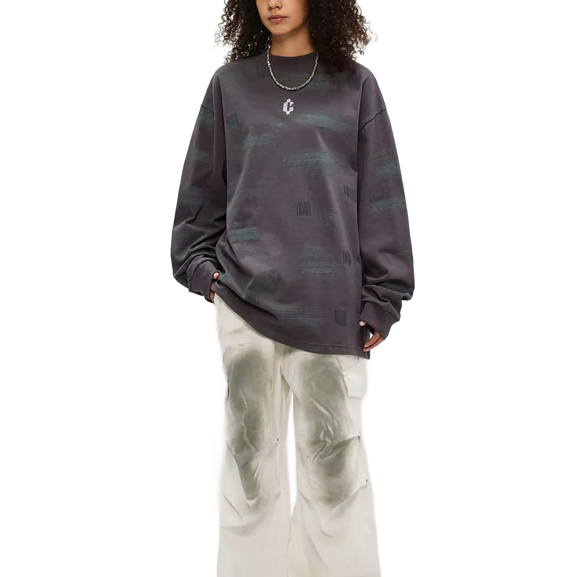 Brushed Abstract Logo Print Long Sleeve Cotton Tee