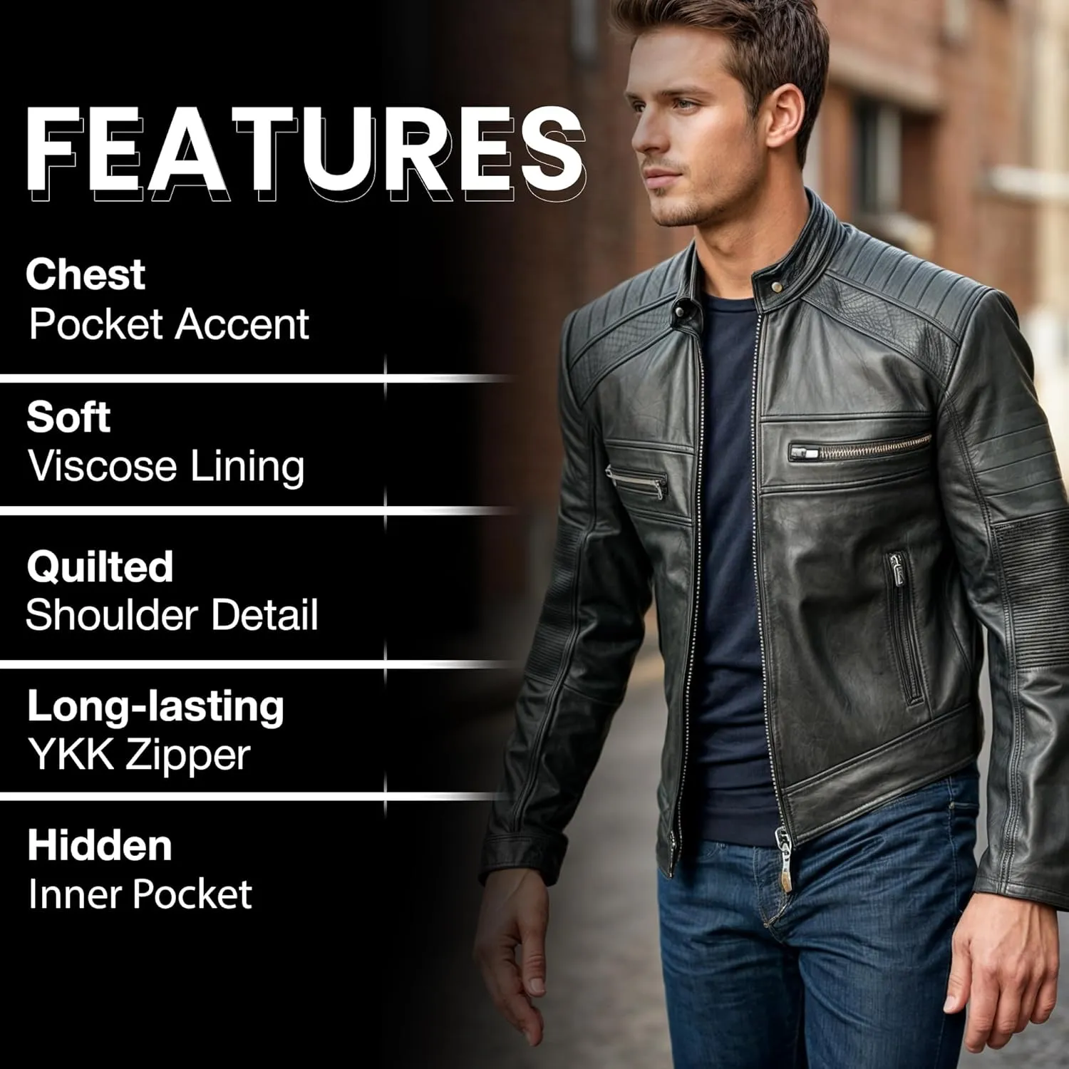 Cafe Racer Leather Jacket Men - Biker Style Moto Racer Mens Leather Motorcycle Jacket