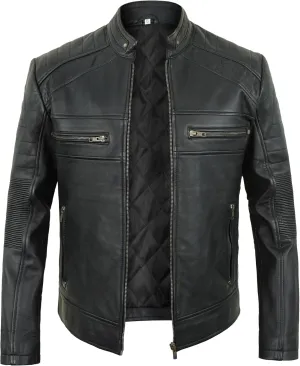 Cafe Racer Leather Jacket Men - Biker Style Moto Racer Mens Leather Motorcycle Jacket
