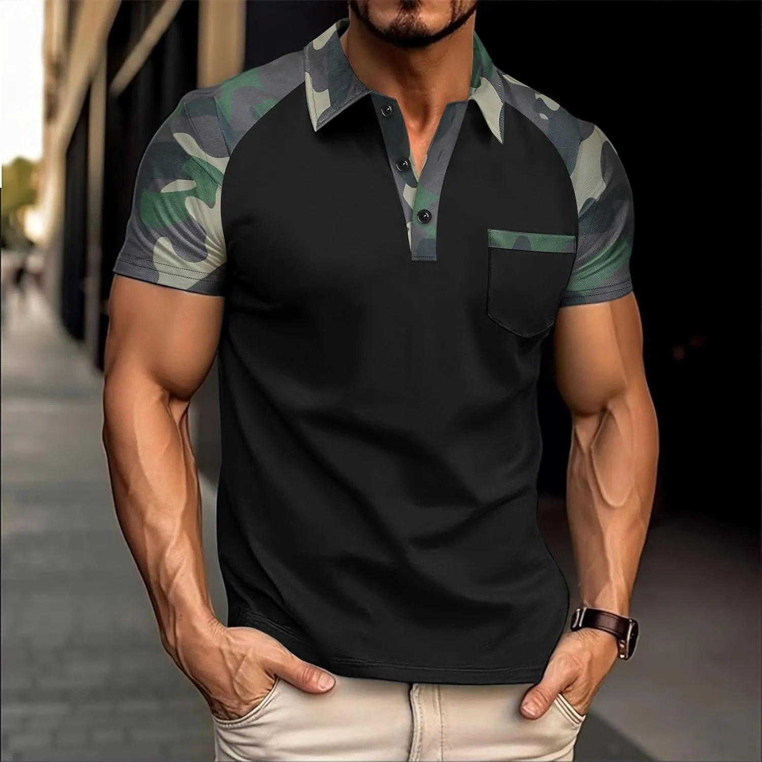 Camouflage Polo T Shirts for Men Slim Fit Raglan Short Sleeve Half Button Tactical Golf Shirts Tennis Muscle Shirt