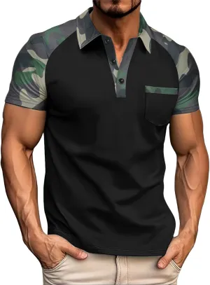Camouflage Polo T Shirts for Men Slim Fit Raglan Short Sleeve Half Button Tactical Golf Shirts Tennis Muscle Shirt