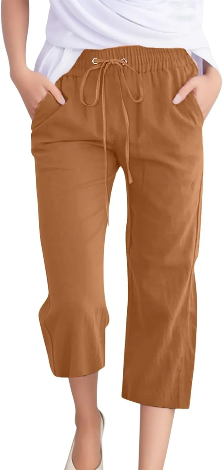 Capris Pants for Women Cotton Linen Casual Summer 2025 Straight Leg Cropped Trouser Drawstring Elastic Waist Beach Pants