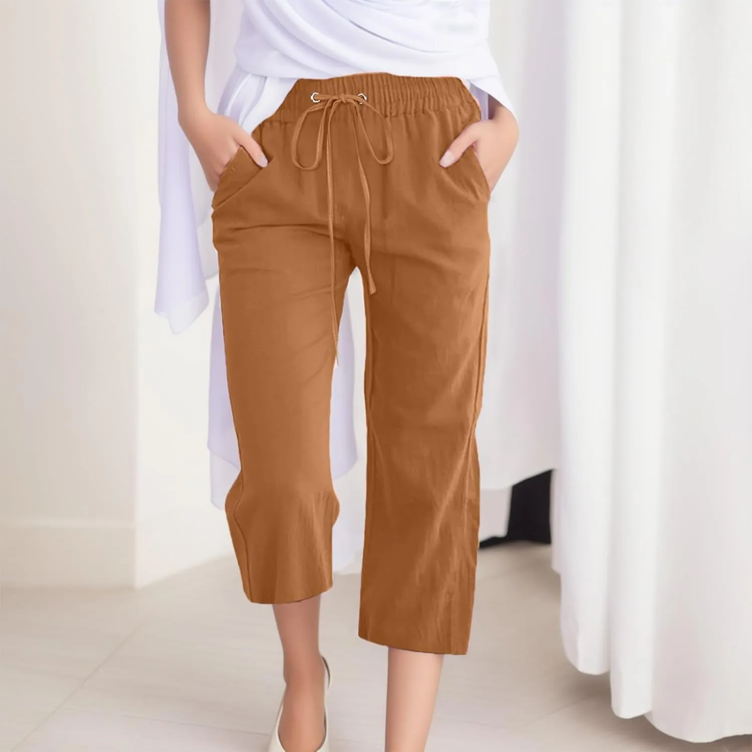 Capris Pants for Women Cotton Linen Casual Summer 2025 Straight Leg Cropped Trouser Drawstring Elastic Waist Beach Pants