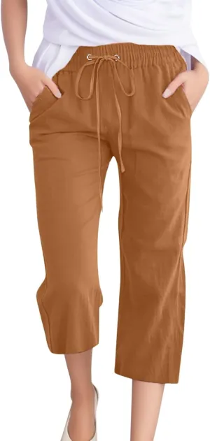 Capris Pants for Women Cotton Linen Casual Summer 2025 Straight Leg Cropped Trouser Drawstring Elastic Waist Beach Pants
