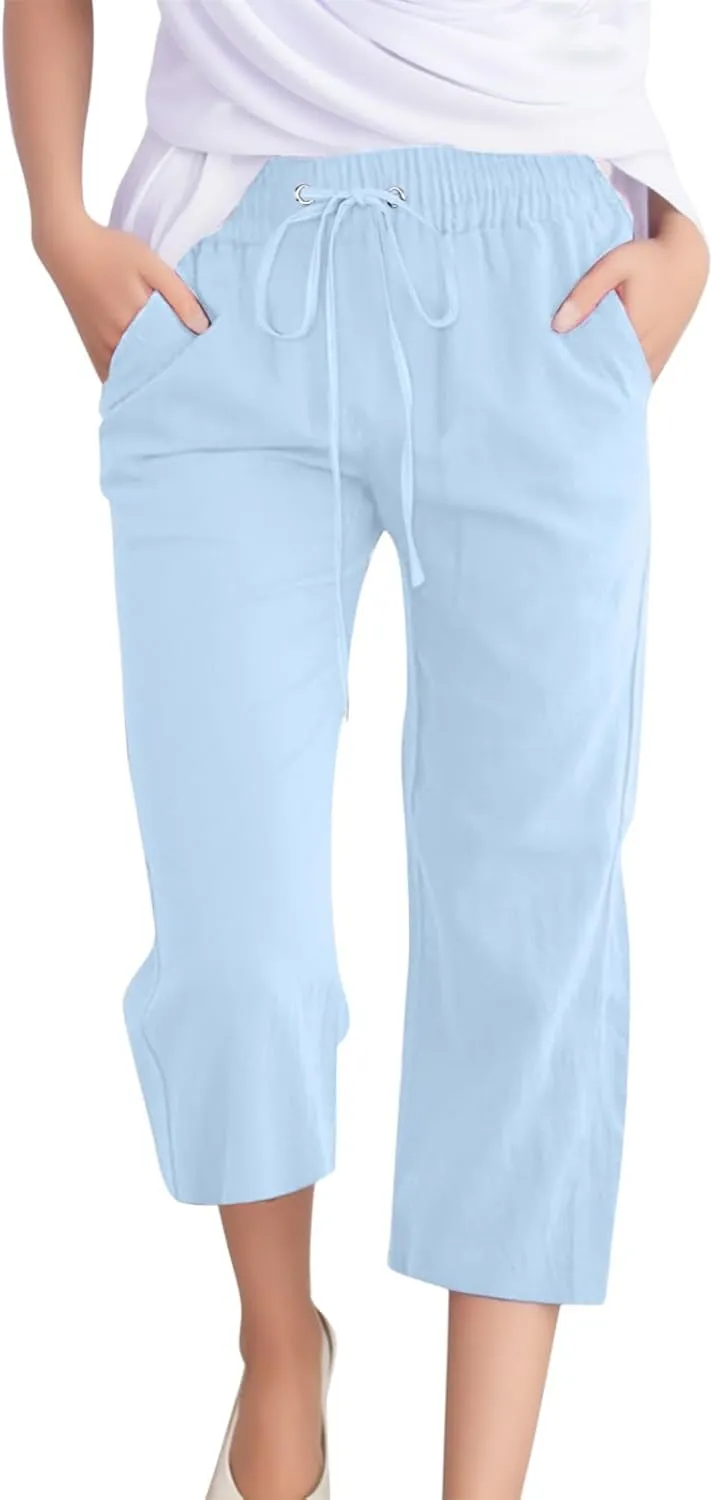 Capris Pants for Women Cotton Linen Casual Summer 2025 Straight Leg Cropped Trouser Drawstring Elastic Waist Beach Pants