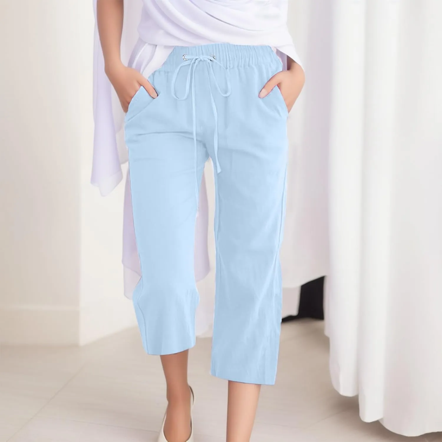 Capris Pants for Women Cotton Linen Casual Summer 2025 Straight Leg Cropped Trouser Drawstring Elastic Waist Beach Pants