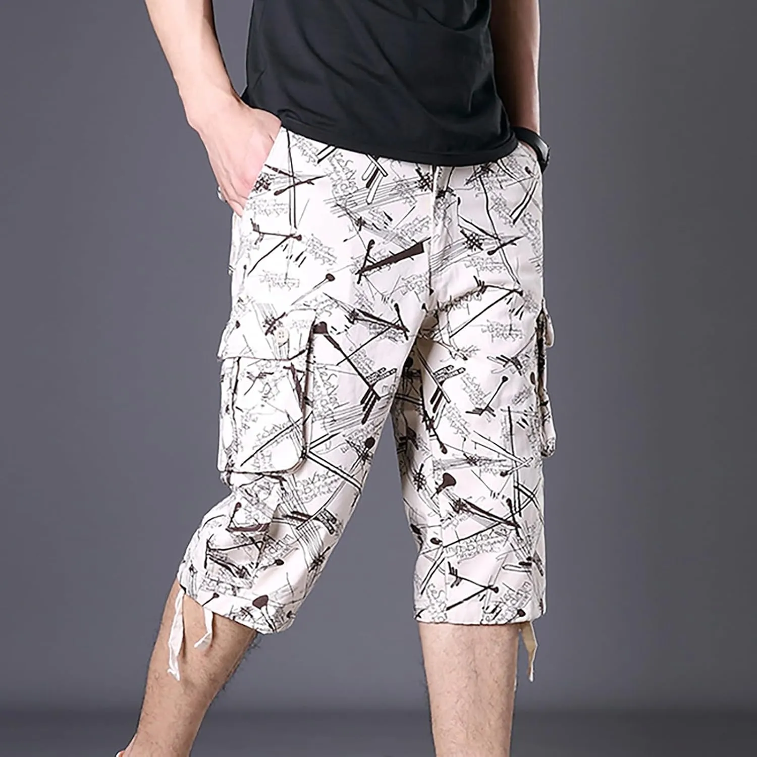 Cargo Shorts for Men Below Knee Hiking Shorts Loose Tactical Pants Outdoor Athletic Running Shorts Capri Short Pants