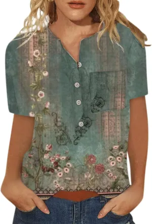 Ceboyel Womens Butterfly Print Spring Shirts Short Sleeve Casual Tunic Tops Dressy V-Neck Tshirts Blouse Vacation Outfit 2023