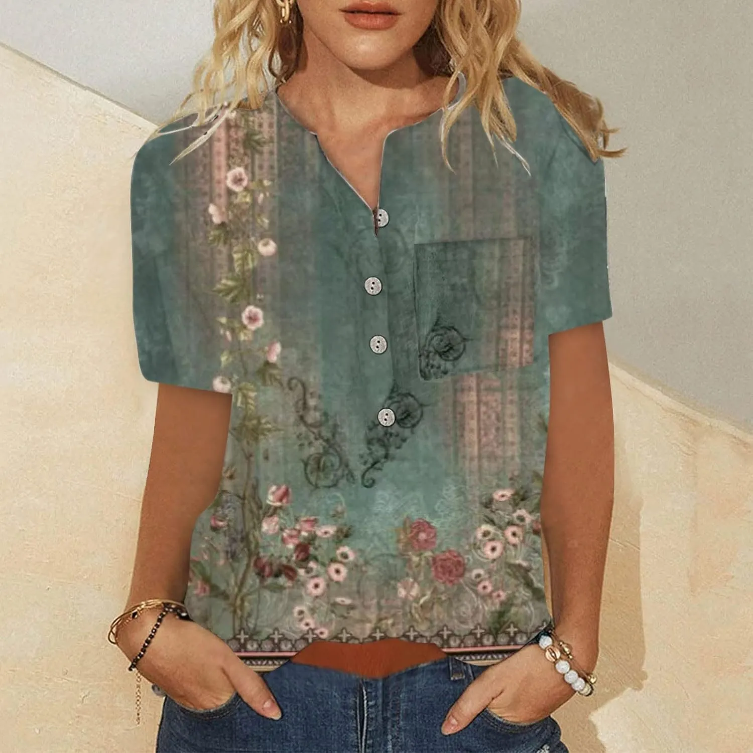 Ceboyel Womens Butterfly Print Spring Shirts Short Sleeve Casual Tunic Tops Dressy V-Neck Tshirts Blouse Vacation Outfit 2023