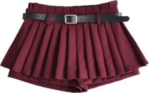 Chic Women's Mini Skirts -Women's Pleated Mini Skirts with Shorts Underneath More for Every Occasion Wine Red