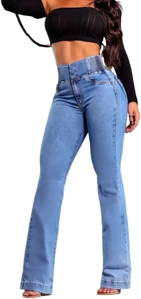 CHICME Women's High Waisted Jeans Stretchy Bootcut Pants with Elastic Waistband Denim Pants for Women