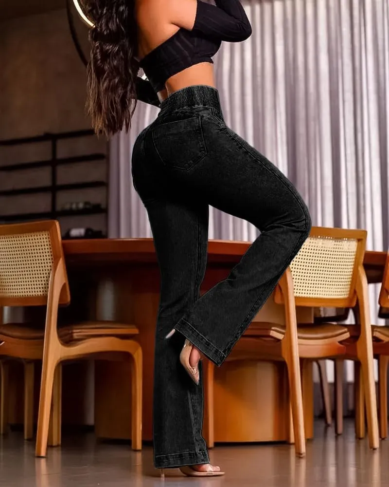 CHICME Women's High Waisted Jeans Stretchy Bootcut Pants with Elastic Waistband Denim Pants for Women