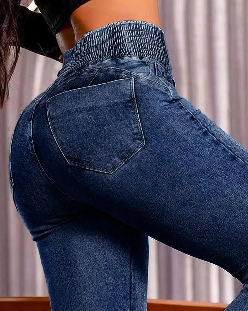 CHICME Women's High Waisted Jeans Stretchy Bootcut Pants with Elastic Waistband Denim Pants for Women