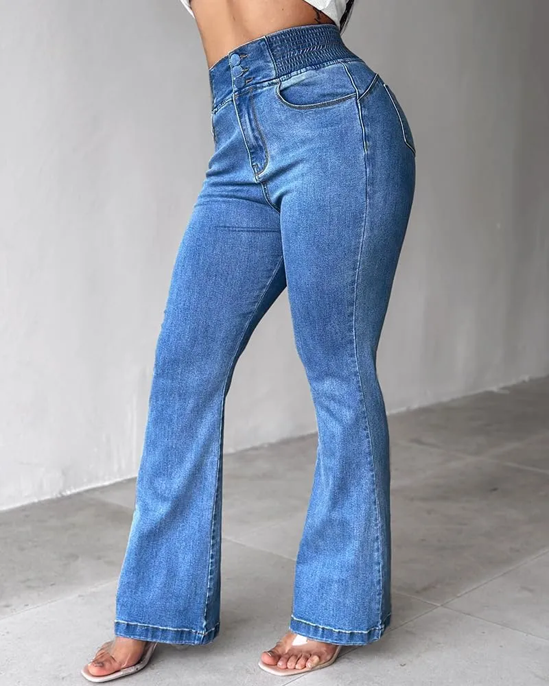 CHICME Women's High Waisted Jeans Stretchy Bootcut Pants with Elastic Waistband Denim Pants for Women