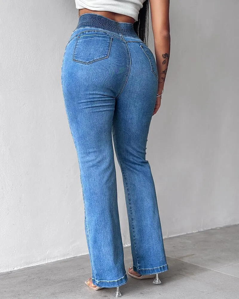 CHICME Women's High Waisted Jeans Stretchy Bootcut Pants with Elastic Waistband Denim Pants for Women