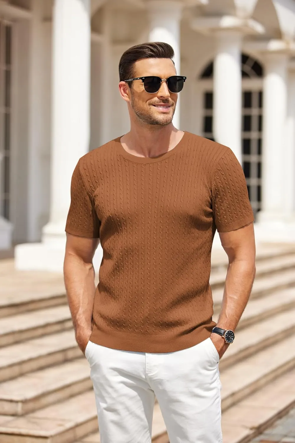 COOFANDY Men's Knit T Shirt Short Sleeve Crewneck Casual Vintage T-Shirts Summer Twist Knitted Pullover Tee