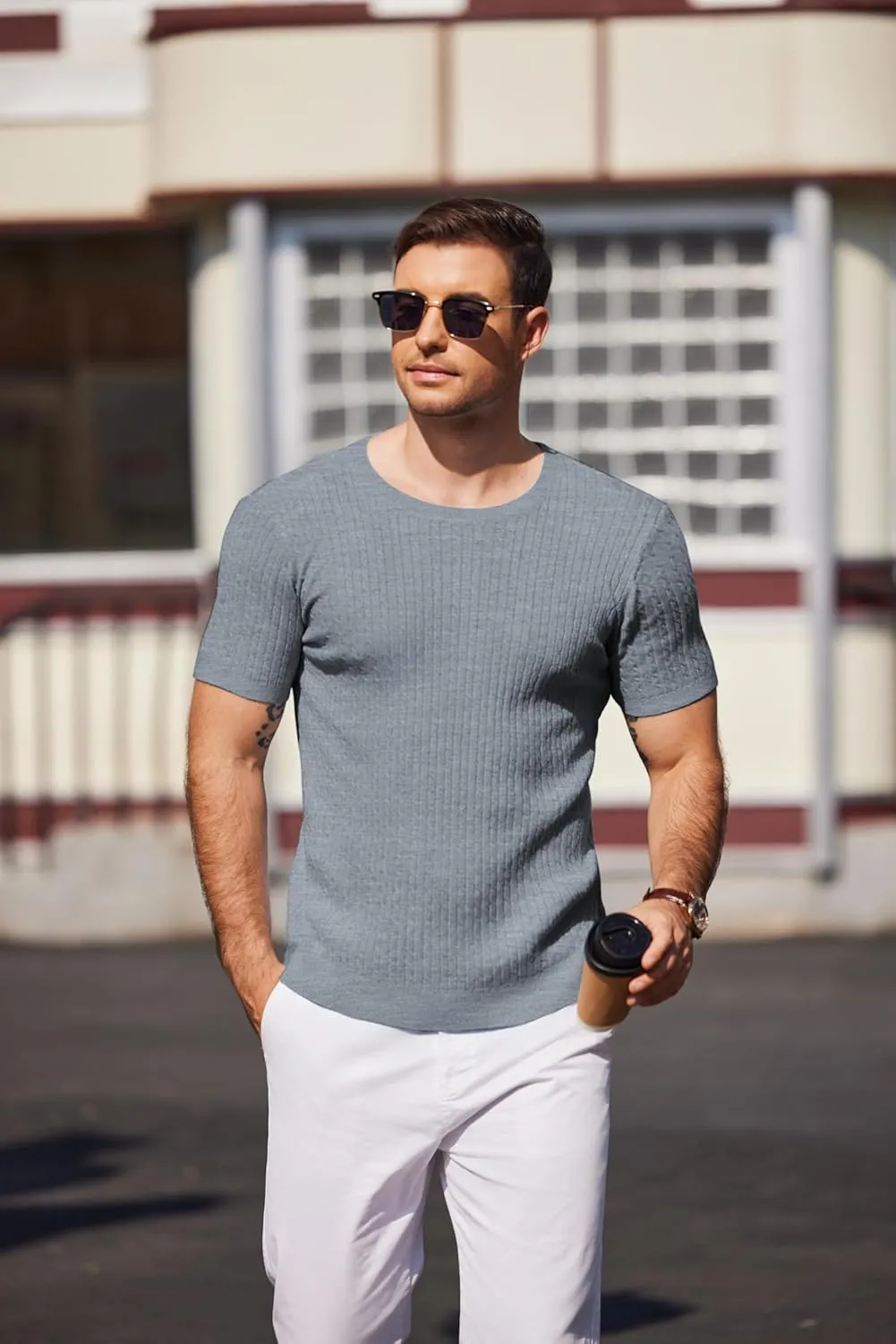 COOFANDY Men's Knit T Shirt Short Sleeve Crewneck Casual Vintage T-Shirts Summer Twist Knitted Pullover Tee