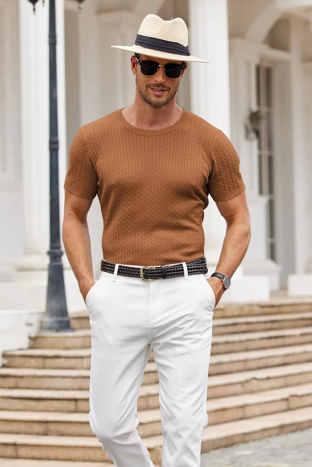 COOFANDY Men's Knit T Shirt Short Sleeve Crewneck Casual Vintage T-Shirts Summer Twist Knitted Pullover Tee