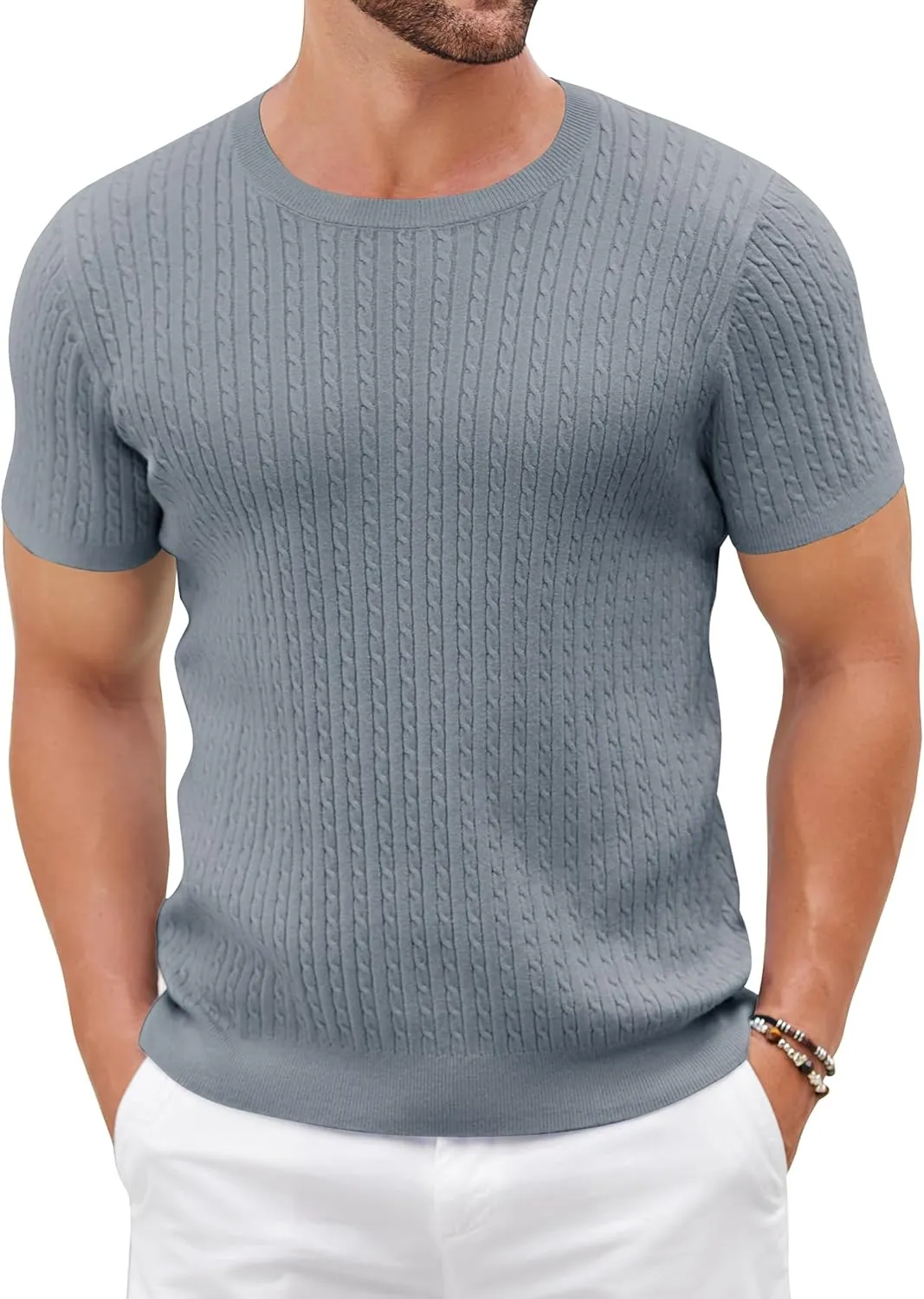 COOFANDY Men's Knit T Shirt Short Sleeve Crewneck Casual Vintage T-Shirts Summer Twist Knitted Pullover Tee