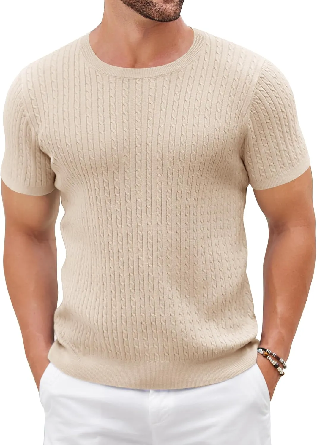 COOFANDY Men's Knit T Shirt Short Sleeve Crewneck Casual Vintage T-Shirts Summer Twist Knitted Pullover Tee