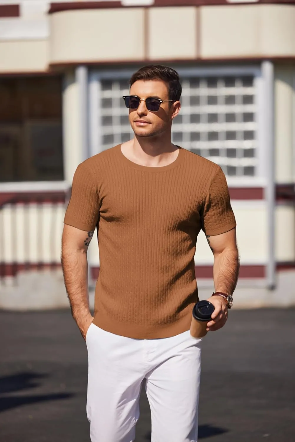 COOFANDY Men's Knit T Shirt Short Sleeve Crewneck Casual Vintage T-Shirts Summer Twist Knitted Pullover Tee