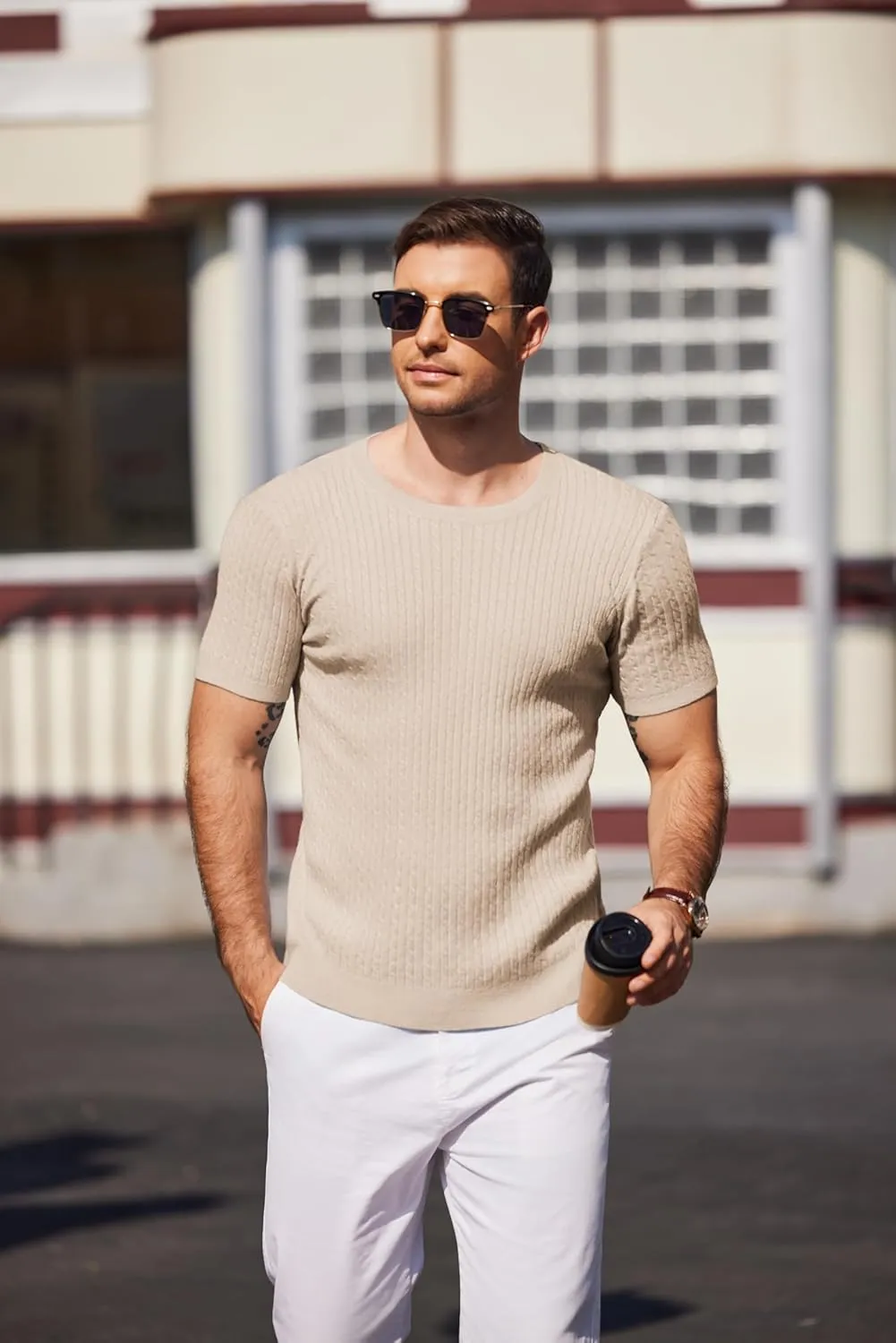COOFANDY Men's Knit T Shirt Short Sleeve Crewneck Casual Vintage T-Shirts Summer Twist Knitted Pullover Tee