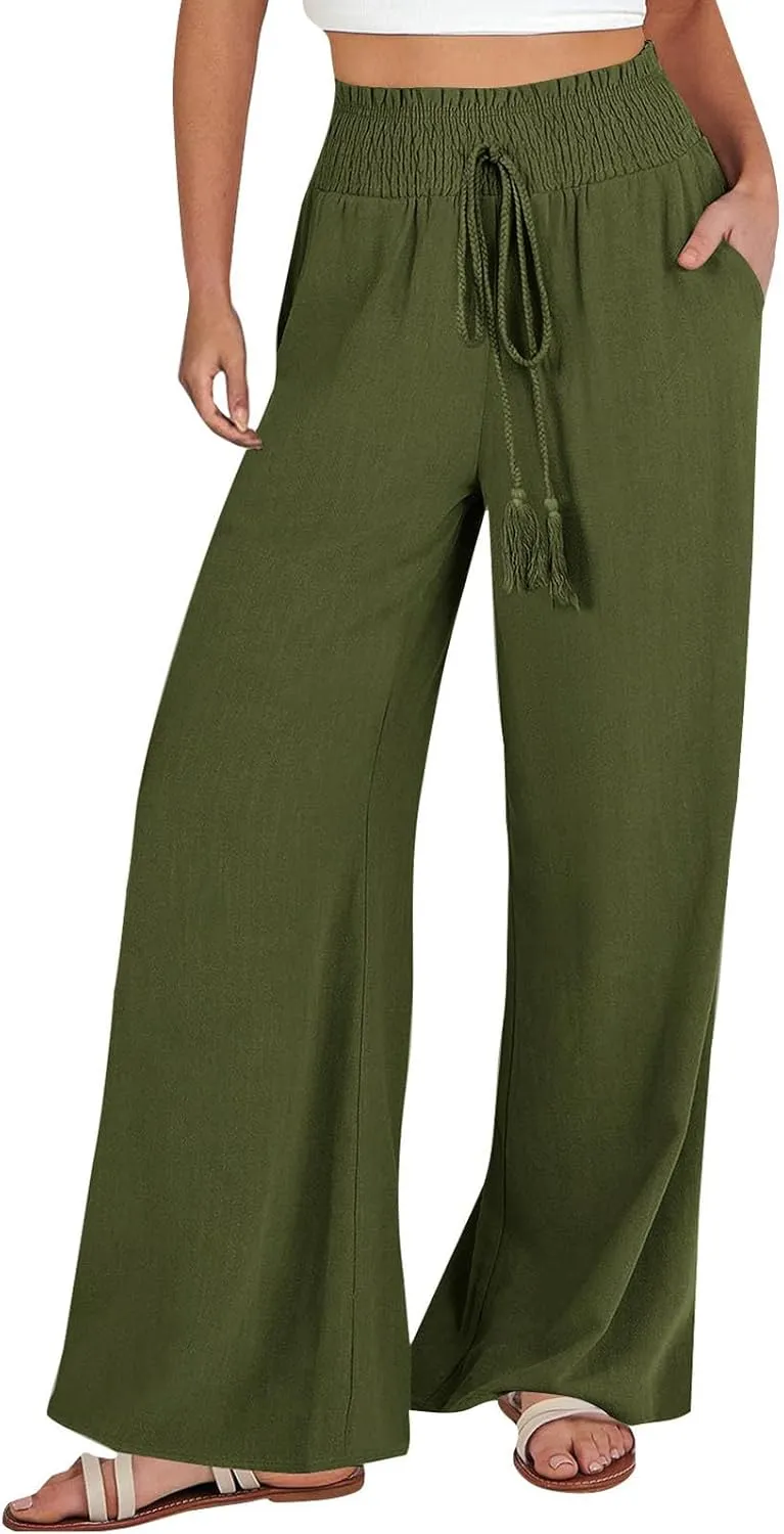 cooki Women Cotton Linen Casual Pants Drawstring Elastic High Waist Loose Comfy Straight Leg Pants with Pockets Workout Pants