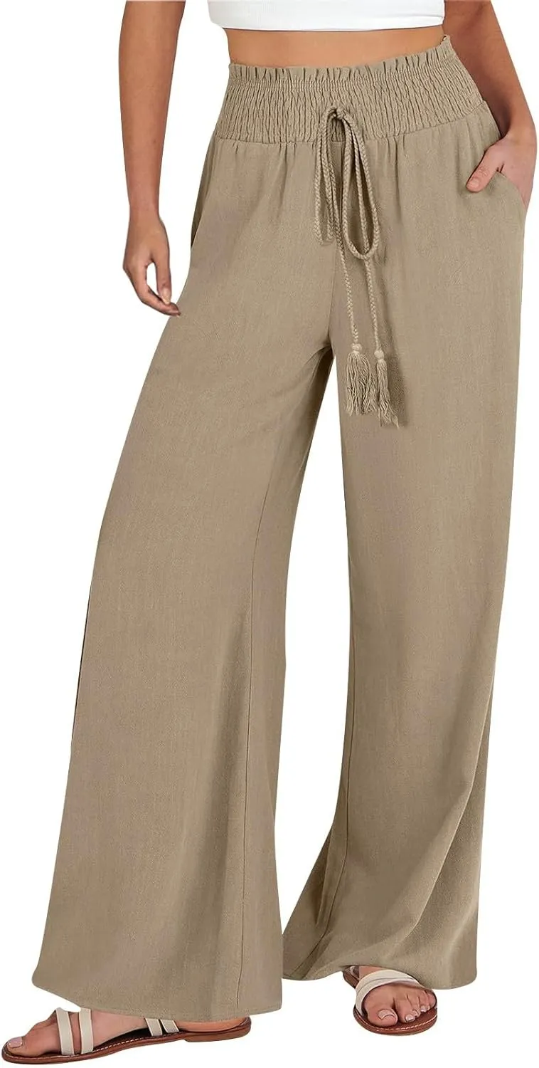 cooki Women Cotton Linen Casual Pants Drawstring Elastic High Waist Loose Comfy Straight Leg Pants with Pockets Workout Pants