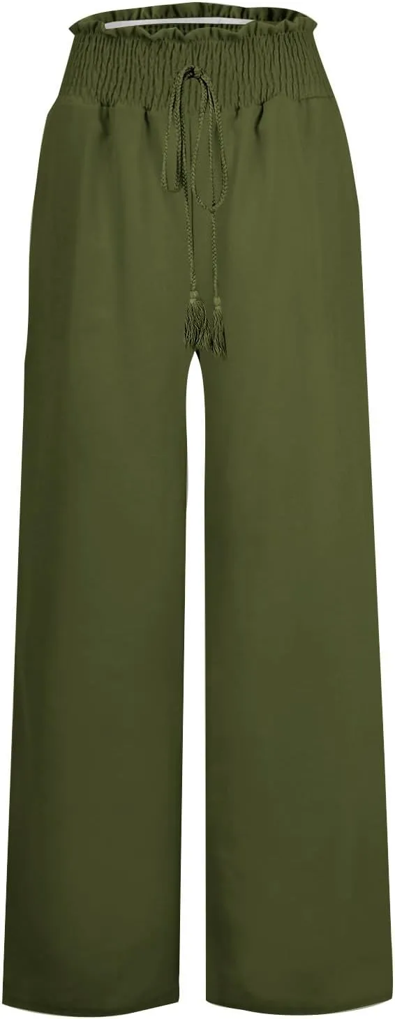cooki Women Cotton Linen Casual Pants Drawstring Elastic High Waist Loose Comfy Straight Leg Pants with Pockets Workout Pants