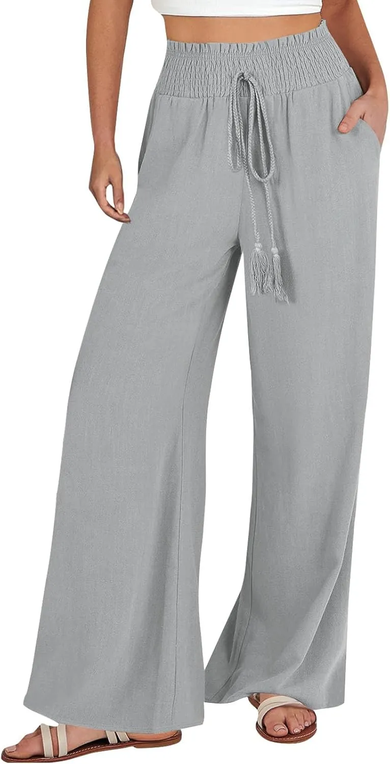 cooki Women Cotton Linen Casual Pants Drawstring Elastic High Waist Loose Comfy Straight Leg Pants with Pockets Workout Pants