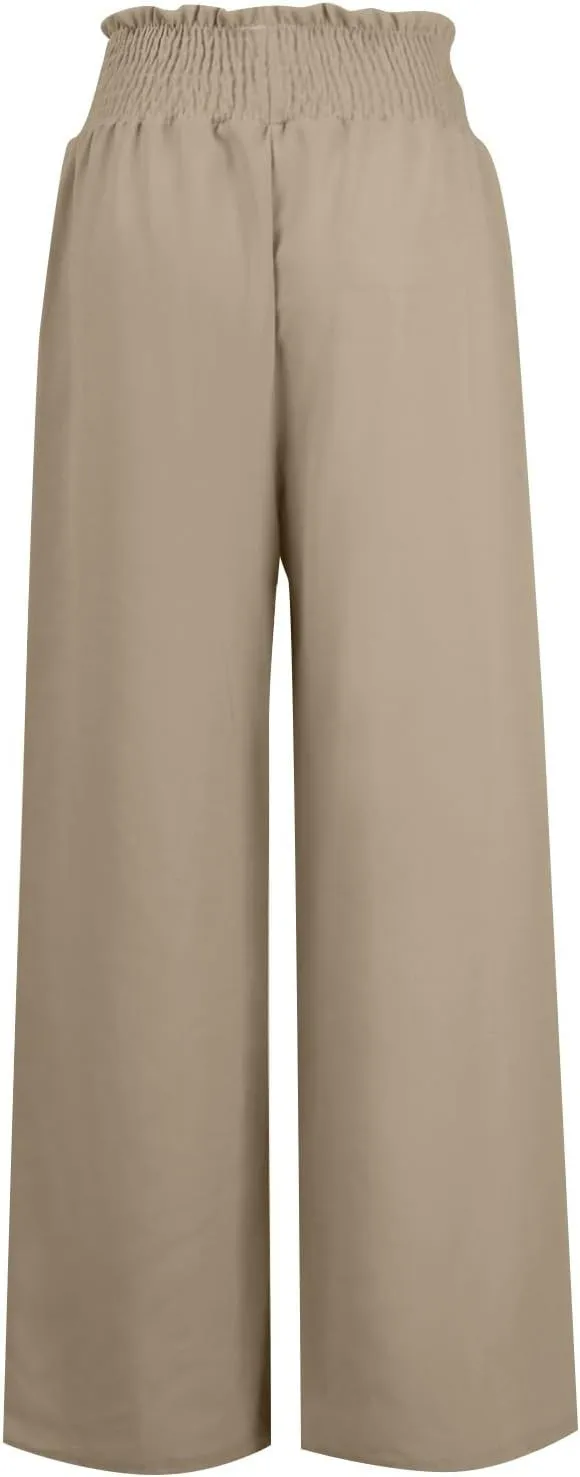 cooki Women Cotton Linen Casual Pants Drawstring Elastic High Waist Loose Comfy Straight Leg Pants with Pockets Workout Pants