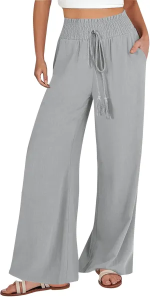 cooki Women Cotton Linen Casual Pants Drawstring Elastic High Waist Loose Comfy Straight Leg Pants with Pockets Workout Pants