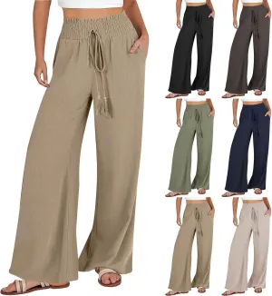 cooki Women Cotton Linen Casual Pants Drawstring Elastic High Waist Loose Comfy Straight Leg Pants with Pockets Workout Pants
