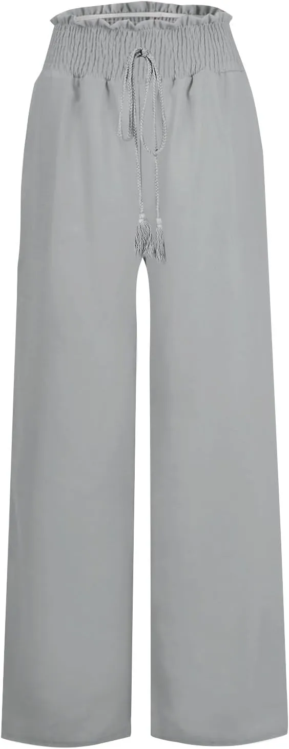 cooki Women Cotton Linen Casual Pants Drawstring Elastic High Waist Loose Comfy Straight Leg Pants with Pockets Workout Pants