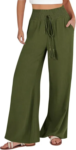 cooki Women Cotton Linen Casual Pants Drawstring Elastic High Waist Loose Comfy Straight Leg Pants with Pockets Workout Pants