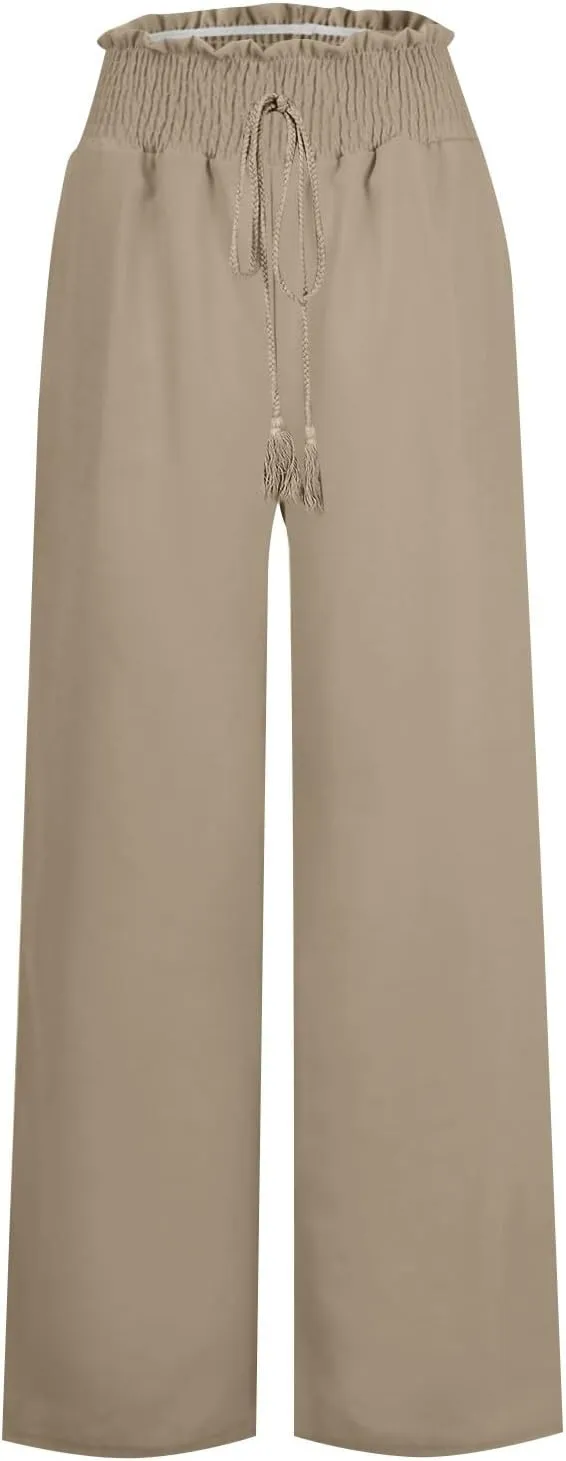 cooki Women Cotton Linen Casual Pants Drawstring Elastic High Waist Loose Comfy Straight Leg Pants with Pockets Workout Pants