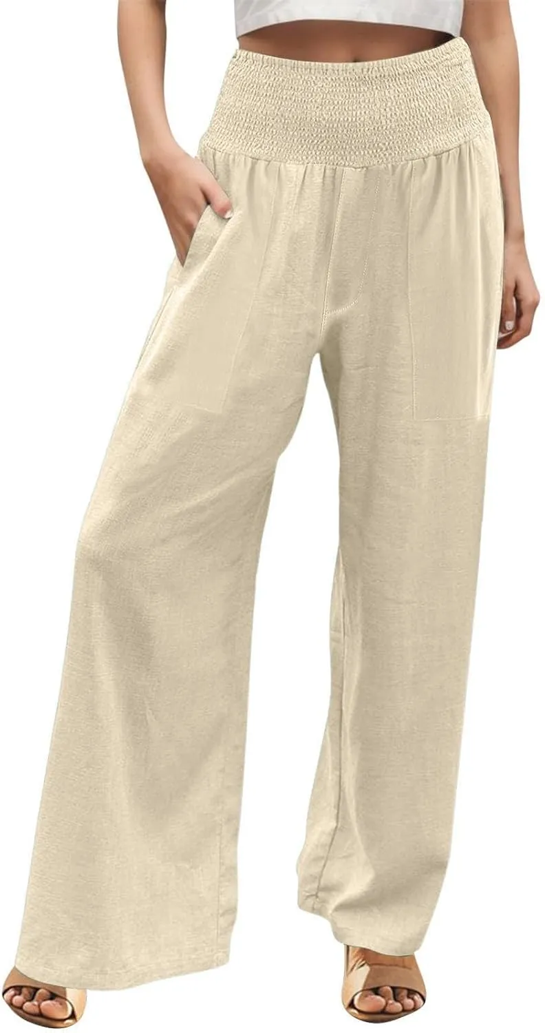 Cotton Linen Lounge Pants Women Boho Wide Leg Elastic Waist Summer Flowy Palazzo Pants Straight Leg Smocked Soft Trouser
