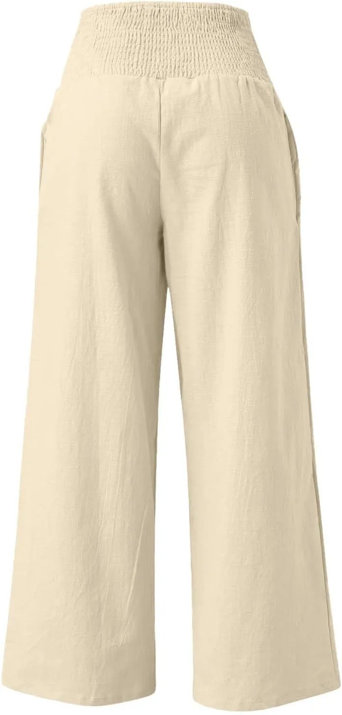 Cotton Linen Lounge Pants Women Boho Wide Leg Elastic Waist Summer Flowy Palazzo Pants Straight Leg Smocked Soft Trouser