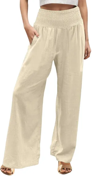 Cotton Linen Lounge Pants Women Boho Wide Leg Elastic Waist Summer Flowy Palazzo Pants Straight Leg Smocked Soft Trouser