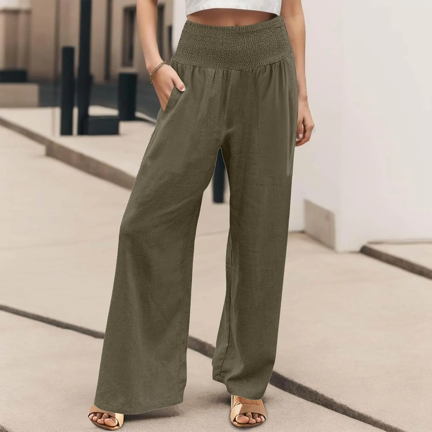 Cotton Linen Lounge Pants Women Boho Wide Leg Elastic Waist Summer Flowy Palazzo Pants Straight Leg Smocked Soft Trouser
